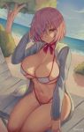  1girl beach beach_chair bikini black-framed_eyewear blue_sky breasts cleavage fate/grand_order fate_(series) hair_over_one_eye highres hood hoodie large_breasts lavender_hair looking_at_viewer mash_kyrielight navel ocean outdoors parted_lips purple_eyes sand shexyo shiny shiny_hair short_hair sitting skindentation sky solo swimsuit swimsuit_of_perpetual_summer water white_bikini white_swimsuit 