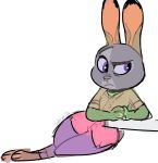  anthro barefoot biped bottomwear clothed clothing disney frown fully_clothed fur grey_body grey_fur hi_res judy_hopps lagomorph leaning leporid looking_away mammal mod_lemon pants purple_eyes rabbit shirt simple_background solo topwear white_background zootopia 