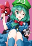  1girl ;d backpack bag bangs blue_dress blue_footwear boots bow cosplay dress eyebrows_visible_through_hair front_ponytail green_eyes green_hair green_headwear hair_between_eyes hair_bow hat highres holding holding_wrench kagiyama_hina kawashiro_nitori kawashiro_nitori_(cosplay) key long_hair looking_at_viewer mechanical_arm nobiiru_arm one_eye_closed open_mouth purple_background red_bow ruu_(tksymkw) simple_background smile solo touhou v wrench 