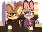  4:3 anthro canid canine chair clothed clothing cup dipstick_ears disney duo female fennec finnick fox fur furniture grey_body grey_fur hi_res inside judy_hopps lagomorph leporid light lighting looking_at_viewer male mammal mod_lemon multicolored_ears purple_eyes rabbit shirt sitting smile table tan_body tan_fur topwear zootopia 