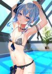  1girl absurdres arched_back arm_strap armpits arms_up bare_shoulders bikini blue_hair blurry breasts choker collarbone cowboy_shot day depth_of_field earrings frilled_bikini frills front-tie_bikini front-tie_top grey_bikini groin hair_ribbon highres hololive hoshimachi_suisei indoors jewelry long_hair looking_at_viewer navel parted_lips plaid plaid_bikini pool purple_eyes rei_no_pool ribbon sailor_bikini sailor_collar side_ponytail small_breasts solo standing stomach swimsuit teltelhousi thighs virtual_youtuber 