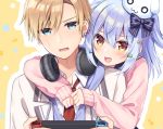  all_male aqua_eyes blue_hair blush cropped game_console headphones hug inuyama_tamaki kumagaya_takuma male noripro school_uniform short_hair sumisaki_yuzuna tie trap twintails waifu2x yellow_eyes 