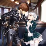  1boy 1girl alice_elliot brown_hair closed_mouth dress gloves nyoro_(nyoronyoro000) shadow_hearts short_hair silver_hair skirt smile thighhighs white_legwear yuri_hyuga 