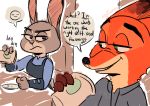 2017 absurd_res anthro canid canine clothing dialogue disney duo english_text fox fur furniture grey_body grey_fur half-closed_eyes hi_res holding_cup holding_object judy_hopps lagomorph leporid looking_at_another mammal mod_lemon narrowed_eyes nick_wilde orange_body orange_fur police_uniform rabbit red_fox shirt signature smile speech_bubble table text topwear uniform zootopia 