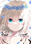  1girl backlighting bangs bare_shoulders blonde_hair blue_eyes blue_flower blurry blurry_background collarbone commentary_request depth_of_field eyebrows_visible_through_hair flower flower_wreath hair_between_eyes head_wreath looking_at_viewer original parted_lips signature solo tia-chan uchuuneko upper_body white_background 