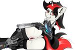  3:2 amputee anthro anus black_mane black_tail blackjack_(fallout_equestria) bodily_fluids butt cybernetics cyborg desert_eagle disability dock equid equine fallout_equestria fan_character female fur genital_fluids genitals grin gun handgun hasbro hi_res holding_gun holding_object holding_weapon horn inner_ear_fluff looking_at_viewer looking_back lying machine mammal mane multicolored_mane multicolored_tail my_little_pony ocular_prosthetic on_side pedalspony_(artist) pinup pistol pose project_horizons prosthetic prosthetic_arm prosthetic_leg prosthetic_limb pussy pussy_juice ranged_weapon red_mane red_tail simple_background smile smug solo spread_butt spread_pussy spreading tuft unicorn weapon white_background white_body white_fur 