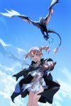  1girl :d bag bangs belt black_cape blue_eyes blue_sky cape creature dragon dress eyebrows_visible_through_hair flying gloves hair_ornament happy highres hirooka_masaki looking_at_viewer medium_hair open_mouth original short_twintails single_glove sky smile standing twintails upper_teeth wings 