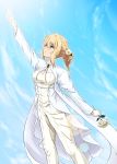  1girl arm_up blonde_hair blue_eyes breasts brooch diesel-turbo flower gloves hair_flower hair_ornament holding holding_flower jacket jewelry medium_breasts pants parted_lips reaching solo violet_evergarden violet_evergarden_(character) white_gloves white_jacket white_pants 