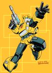  1boy autobot bumblebee dated gun highres holding holding_gun holding_weapon horns insignia kamizono_(spookyhouse) no_humans open_hand open_mouth solo transformers weapon yellow_background 