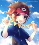  1boy :d artist_name blue_jacket blush brown_hair cloud commentary_request day hands_up holding jacket kokoroko kyouhei_(pokemon) open_mouth orange_eyes outdoors pokemon pokemon_(game) pokemon_bw2 red_headwear short_sleeves sky smile solo upper_body visor_cap 