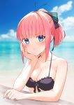  1girl bangs bare_arms beach bikini black_bikini black_ribbon blue_eyes blue_nails blue_sky blunt_bangs blurry blurry_background blush breasts chin_rest cleavage closed_mouth cloud collarbone commentary_request day eyebrows_visible_through_hair fingernails front-tie_bikini front-tie_top go-toubun_no_hanayome hair_ornament hair_ribbon halterneck high_ponytail highres large_breasts looking_at_viewer medium_breasts nail_polish nakano_nino ocean outdoors pink_hair ponytail profnote purple_nails ribbon short_hair sky solo swimsuit upper_body 