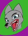  abstract_background anthro axentooth blue_eyes canid canine canis domestic_dog elesia_(axentooth) eyebrows eyelashes female fur grey_body grey_fur gums headshot_portrait looking_at_viewer mammal mouth_shot open_mouth portrait showing_teeth smile solo teeth tongue 