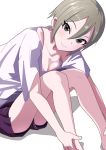  1girl bangs black_eyes bra_strap breasts cleavage closed_mouth collarbone eyebrows_visible_through_hair hair_between_eyes idolmaster idolmaster_cinderella_girls leaning_forward medium_breasts mitche purple_shorts shiny shiny_hair shiomi_shuuko shirt short_hair short_shorts short_sleeves shorts silver_hair simple_background sitting smile solo white_background white_shirt 