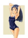  1girl armpits blue_hair blush breasts brown_eyes closed_mouth covered_navel highres idolmaster kisaragi_chihaya long_hair looking_at_viewer ooeyama_ken school_swimsuit solo swimsuit 