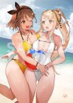  2girls atelier_(series) atelier_ryza atelier_ryza_2 ball beach beachball bikini blonde_hair blue_sky bracelet braid breasts brown_eyes brown_hair cleavage dutch_angle hairband halterneck high_ponytail highres jewelry key_necklace klaudia_valentz large_breasts long_hair multiple_girls official_art one_eye_closed open_mouth ponytail reisalin_stout sample short_hair skindentation sky swimsuit thick_thighs thighs toridamono watermark white_swimsuit yellow_bikini yellow_eyes 