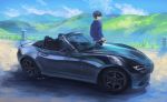  1boy black_hair brown_eyes car eunos_roadster ground_vehicle highres leaning mazda momo_hiki motor_vehicle original personification vehicle_focus watch wristwatch 