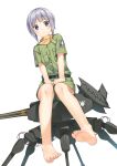  1girl anniversary bangs barefoot belt blue_eyes blunt_bangs blush commentary frown highres kannagi_noel knees_together_feet_apart looking_at_viewer military military_uniform ms-07-b3 scarf short_hair short_shorts shorts silver_hair simple_background sitting solo sora_no_woto uniform white_background 