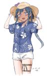  1girl alternate_costume alternate_hairstyle blue_eyes blue_hair blue_shirt cowboy_shot dress_shirt floral_print gotland_(kantai_collection) hat hawaiian_shirt kantai_collection kawashina_(momen_silicon) long_hair mole mole_under_eye ponytail shirt short_shorts short_sleeves shorts simple_background smile solo sun_hat thigh_strap white_background white_shorts 