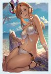  1girl bangs bare_shoulders beach bikini blush braid breasts brown_eyes brown_hair cleavage day granblue_fantasy hair_ornament halter_top halterneck head_wings highres konoike_(pepe_expect) large_breasts long_hair looking_at_viewer navel open_mouth outdoors sandals sitting smile solo song_(granblue_fantasy) swimsuit thighs wariza white_bikini 
