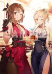  2girls alcohol armlet arms_behind_back atelier_(series) atelier_ryza atelier_ryza_2 bangs bare_shoulders black_gloves black_legwear blonde_hair blue_dress blush bow braid breasts brown_eyes brown_hair cake chandelier choker cleavage closed_mouth cocktail_glass covered_navel cup dessert dress drinking_glass earrings evening_gown food gloves green_eyes hair_bun hair_ornament halterneck highres holding holding_cup holding_tray index_finger_raised indoors jewelry klaudia_valentz large_breasts licking_lips looking_at_viewer multiple_girls necklace official_art one_eye_closed pantyhose red_bow red_dress reisalin_stout sample short_hair side_slit sidelocks single_braid smile standing swept_bangs table thighs tongue tongue_out toridamono tray watermark 