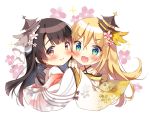  2girls :d bangs black_hair blonde_hair blue_eyes blush bow brown_bow commentary_request eyebrows_visible_through_hair fang floral_background floral_print flower hair_between_eyes hair_flower hair_ornament hands_together japanese_clothes kimono long_hair long_sleeves multiple_girls open_mouth original pan_(mimi) pink_flower print_kimono red_eyes ribbon simple_background smile sparkle v-shaped_eyebrows very_long_hair white_background white_kimono white_ribbon wide_sleeves 