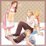  1girl 3boys =3 ^_^ alphonse_elric apron argyle argyle_background arm_support barefoot beard beige_outline black_footwear blanket blonde_hair blue_shirt border breasts brothers brown_background brown_border brown_hair brown_pants buttons clenched_hands closed_eyes closed_mouth collared_shirt couple crossed_arms dress dress_shirt edward_elric eyebrows_visible_through_hair facial_hair family father_and_son flower full_body fullmetal_alchemist furrowed_eyebrows glasses grey-framed_eyewear happy hetero holding holding_blanket leaning leaning_forward light_smile looking_at_another looking_up low_ponytail medium_breasts mother_and_son multiple_boys on_ground outline outside_border pants ponytail purple_dress red_shirt sandals shadow shirt shoes shorts siblings side_ponytail sitting sleeping sleeping_on_person standing trisha_elric u_u van_hohenheim white_apron white_shirt zzz 