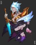  absurdres artist_name bare_shoulders black_background blue_hair breasts cleavage collarbone commission gloves highres holding holding_sword holding_weapon league_of_legends less medium_breasts pointy_ears purple_hair red_eyes red_sclera short_hair simple_background sword tagme watermark weapon wings yellow_eyes yellow_sclera 