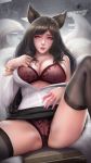  ahri animal_ears bra cleavage kaze_no_gyouja league_of_legends open_shirt pantsu pussy see_through tail thighhighs 
