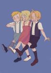  1girl 2boys :d :o absurdres ahoge alphonse_elric arm_behind_back beige_shirt black_legwear black_shorts blonde_hair blue_background blue_eyes blue_footwear blush blush_stickers brothers clenched_hand collared_shirt dot_nose dress dress_shirt edward_elric expressionless eyes_visible_through_hair facing_viewer formal fullmetal_alchemist green_shorts grey_legwear highres knee_blush leg_up lineup loafers looking_afar looking_away looking_to_the_side multiple_boys open_mouth pink_dress shirt shoe_soles shoes short_hair short_sleeves shorts siblings simple_background sleeveless sleeveless_dress smile snsp60479502 sock_garters socks standing standing_on_one_leg suspender_shorts suspenders teeth upper_teeth v-shaped_eyebrows white_footwear white_shirt wide-eyed winry_rockbell yellow_eyes younger 