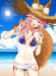  1girl animal_ear_fluff animal_ears bangs beach bikini blue_bikini blue_sky blush bracelet breasts cleavage closed_eyes collarbone double_v ears_through_headwear fate/grand_order fate_(series) fox_ears fox_girl fox_tail hair_between_eyes hat jewelry large_breasts long_hair merokonbu0 ocean open_mouth pink_hair see-through shirt shore sidelocks sky smile straw_hat sunlight swimsuit tail tamamo_(fate)_(all) tamamo_no_mae_(swimsuit_lancer)_(fate) thighs v viewfinder wet wet_clothes wet_shirt wet_t-shirt 