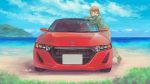  1girl bangs brown_eyes brown_hair car ground_vehicle highres honda leaning_forward momo_hiki motor_vehicle original personification short_hair vehicle_focus 