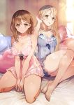 2girls atelier_(series) atelier_ryza atelier_ryza_2 bare_arms bare_legs bare_shoulders barefoot blonde_hair breasts brown_eyes brown_hair chemise cleavage collarbone highres klaudia_valentz large_breasts long_hair looking_at_viewer medium_hair multiple_girls official_art on_bed panties pillow reisalin_stout sample see-through seiza side-tie_panties sitting spaghetti_strap thick_thighs thighs toridamono underwear watermark yellow_eyes 