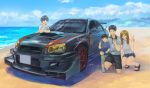  2boys 2girls ^_^ beach black_hair blonde_hair closed_eyes glasses highres medium_hair momo_hiki multiple_boys multiple_girls ocean original personification smile spoiler_(automobile) subaru_(brand) subaru_impreza v yellow_eyes 