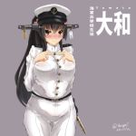  1girl black_eyes black_hair breasts character_name commentary_request cosplay cowboy_shot female_admiral_(kantai_collection) female_admiral_(kantai_collection)_(cosplay) grey_background hat kantai_collection large_breasts long_hair looking_at_viewer military military_uniform msugi naval_uniform peaked_cap simple_background solo thigh_gap translation_request uniform white_headwear yamato_(kantai_collection) 