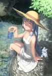  1girl alcohol alternate_costume beer beer_can can commentary_request day hair_ribbon hat highres kantai_collection long_hair looking_at_viewer murakumo_(kantai_collection) nature orange_eyes outdoors ribbon rock sidelocks silver_hair sitting soaking_feet solo straw_hat sun_hat taruya tress_ribbon water 