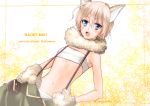  1girl animal_ears bandeau bangs blue_eyes breasts gakkou_gurashi! gloves hair_between_eyes kajii_supana looking_at_viewer midriff naoki_miki navel open_mouth paw_gloves paws short_hair sideboob silver_hair small_breasts solo stomach suspenders white_background 