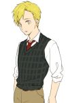 1boy alphonse_elric alternate_costume arms_at_sides bangs beige_pants blonde_hair collared_shirt commentary_request dress_shirt expressionless eyebrows_visible_through_hair formal fullmetal_alchemist grey_vest looking_afar male_focus necktie pants parted_lips plaid plaid_vest red_neckwear riru shiny shiny_hair shirt simple_background sleeves_rolled_up standing swept_bangs tareme upper_body vest white_background white_shirt yellow_eyes 