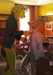  age_difference aledonrex anthro antlers balls beastars bottomless brown_body brown_fur cervid cervine clothed clothing desk duo erection eyewear felid fur furniture genitals glasses hair hi_res horn humanoid_genitalia humanoid_penis ibuki_(beastars) inside lion louis_(beastars) male male/male mammal mane necktie open_shirt pantherine partially_clothed penis penis_size_difference predator/prey pubes red_deer shirt size_difference smile standing suit tail_tuft topwear tuft unbuttoned_shirt yellow_body yellow_fur 