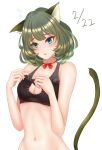  1girl animal_ears bangs blue_eyes breasts cat_cutout cat_ears cat_lingerie cat_tail choker cinderella_bust cleavage cleavage_cutout collarbone green_eyes green_hair highres idolmaster idolmaster_cinderella_girls medium_breasts medium_hair meme_attire mole mole_under_eye nyome991 open_mouth red_ribbon ribbon ribbon_choker shiny shiny_hair simple_background small_breasts solo tail takagaki_kaede upper_body white_background 