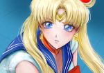  1girl absurdres bishoujo_senshi_sailor_moon blonde_hair blue_eyes blue_sailor_collar blush breasts choker circlet cleavage crescent crescent_earrings earrings floating_hair hair_bun hair_intakes heart heart_choker highres huge_filesize jewelry long_hair looking_at_viewer pinkuempire red_choker sailor_collar sailor_moon sailor_moon_redraw_challenge sailor_senshi_uniform small_breasts solo upper_body very_long_hair 