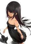  1girl bangs bitterpain black_dress black_hair breasts cat closed_mouth collarbone dress eyebrows_visible_through_hair floating_hair hair_between_eyes highres long_hair master_nemesis off_shoulder shiny shiny_hair short_dress simple_background sleeveless sleeveless_dress small_breasts smile solo standing strap_gap to_love-ru to_love-ru_darkness very_long_hair white_background yellow_eyes 