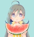  1girl :t ahoge alternate_costume bangs blue_background blue_hair blush colis dress eating food food_in_mouth fruit gingham grey_hair hair_between_eyes hair_ribbon holding holding_food holding_fruit kantai_collection kiyoshimo_(kantai_collection) long_hair low_twintails multicolored_hair purple_eyes ribbon simple_background sleeveless sleeveless_dress solo sparkling_eyes twintails twitter_username two-tone_hair upper_body watermelon yellow_dress 