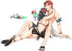  1boy 1girl ass bikini black_bikini blue_eyes blue_hair breast_press byleth_(fire_emblem) byleth_(fire_emblem)_(female) closed_mouth cup drinking_straw eyewear_on_head fire_emblem fire_emblem:_three_houses fire_emblem_heroes flower glass hair_flower hair_ornament high_heels highres holding holding_cup hug jewelry male_swimwear necklace nishinishihigas open_mouth red_hair sandals short_hair simple_background sitting sunglasses swim_trunks swimsuit swimwear sylvain_jose_gautier third-party_source wet white_background 
