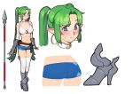  1girl absurdres armored_boots bare_shoulders belt blue_eyes blue_shorts blush body_freckles boots choker commentary ear_blush earrings elbow_gloves elf emma_brynhild english_commentary eyebrows_visible_through_hair freckles full_body gloves green_hair high_heel_boots high_heels highres hoop_earrings jewelry long_hair micro_shorts navel o-ring o-ring_choker o-ring_top original pointy_ears polearm shorts simple_background spear sunna_(nilsunna) sweatdrop thighhighs twintails vambraces very_long_hair wavy_mouth weapon white_background white_gloves white_legwear 