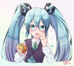 1girl blue_eyes blue_hair crumbs eating food glasses hamburger hatsune_miku_(shinkalion) holding holding_food moyurusun shinkansen_henkei_robo_shinkalion solo twintails upper_body 