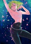  1boy armpits bangs belt bhh4321 earrings eyebrows_visible_through_hair green_hair highres jewelry lio_fotia looking_away looking_to_the_side male_focus nipples pants promare purple_eyes shirtless solo 