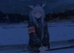  1girl :o animal_ears arknights armband as4kla bangs black_jacket blunt_bangs blush headwear highres holding holding_staff holding_weapon jacket long_hair long_sleeves night open_mouth orange_eyes outdoors owl_ears ptilopsis_(arknights) rhine_lab_logo sidelocks snow snowing solo staff weapon white_hair 