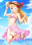  1girl 7fuji_06 ;d adjusting_clothes adjusting_hat aikatsu! aikatsu!_(series) armpits bikini blonde_hair blush cloud cloudy_sky commentary day flat_chest flower frilled_bikini frills hair_flower hair_ornament hat highres hoshimiya_ichigo light_rays long_hair navel ocean one_eye_closed open_mouth outdoors partially_submerged red_eyes ribbon sarong sky slippers smile solo stomach straw_hat sunbeam sunlight swimsuit thigh_ribbon thigh_strap water wet 