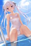  1girl bangs bare_shoulders blue_sky blush breasts covered_navel eto highres long_hair one-piece_swimsuit original pool poolside purple_eyes silver_hair sitting sky small_breasts soaking_feet solo swimsuit twintails white_swimsuit 