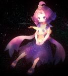  1girl :3 acerola_(pokemon) armlet closed_mouth collarbone commentary_request dress eyelashes gen_7_pokemon holding holding_pokemon kokoroko medium_hair mimikyu pokemon pokemon_(creature) pokemon_(game) pokemon_sm purple_eyes purple_hair sandals short_sleeves smile space star_(sky) stitches toes topknot watermark 